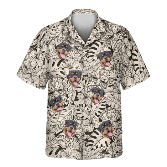 Custom Hawaiian shirts with Tiki masks in black and ivory, plus shirts with faces on them, perfect for adding stylish island vibes to any occasion.