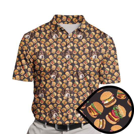 Colorful funny golf shirts with faces on them, featuring a playful burger design and cooling fabric.