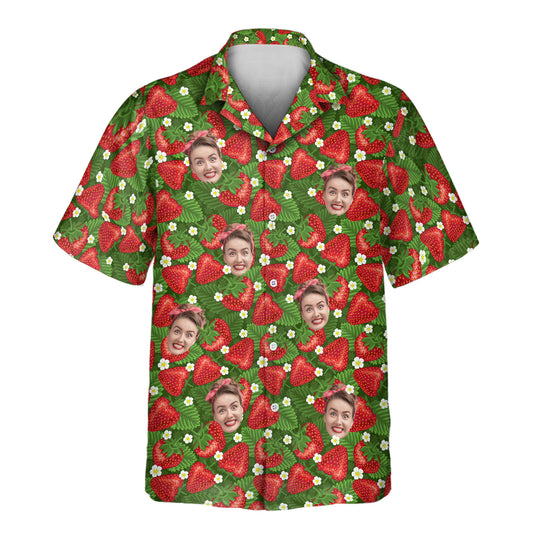 Juicy Strawberry Tropics custom Hawaiian shirts with faces on them, featuring red strawberries, green leaves, and white blossoms for a tropical vibe.