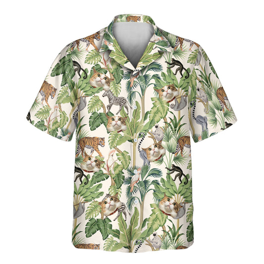 Custom Hawaiian shirts with faces on them, featuring tigers, zebras, monkeys, and lemurs in a lush jungle of palm and banana trees.