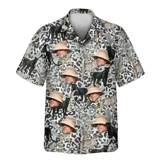 Exotic Jungle Prowl Custom Hawaiian Shirts with Faces or Logos, featuring leopards, panthers, and tropical palm leaves.