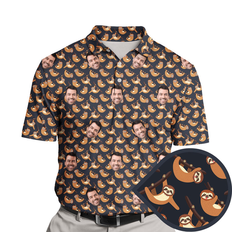 Funny golf shirts with faces on them featuring cute sloths.
