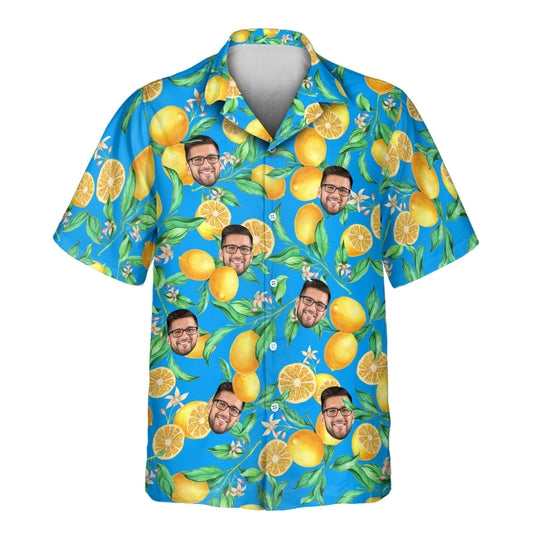 Custom Hawaiian shirts with a vibrant lemon branch pattern, citrus fruits, and white blossoms, perfect shirts with faces on them for a tropical vibe.