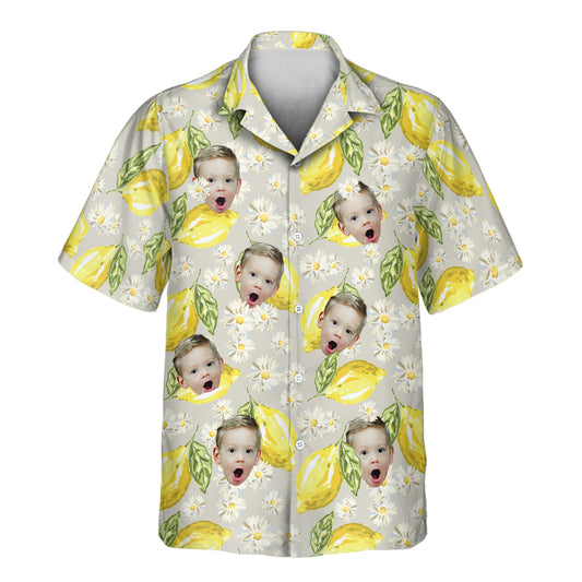 Custom Hawaiian shirts with vibrant lemons, daisies, and shirts with faces on them, offering a fresh, botanical design on a sleek gray background for any occasion.