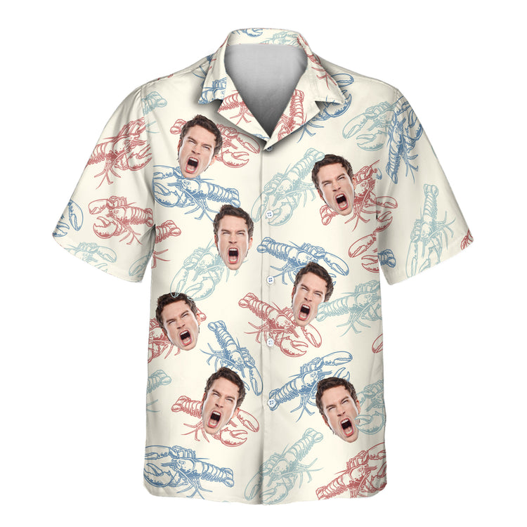 Custom Hawaiian shirts with colorful lobsters and shirts with faces on them, offering a playful, festive vibe on a soft ivory background for any occasion.