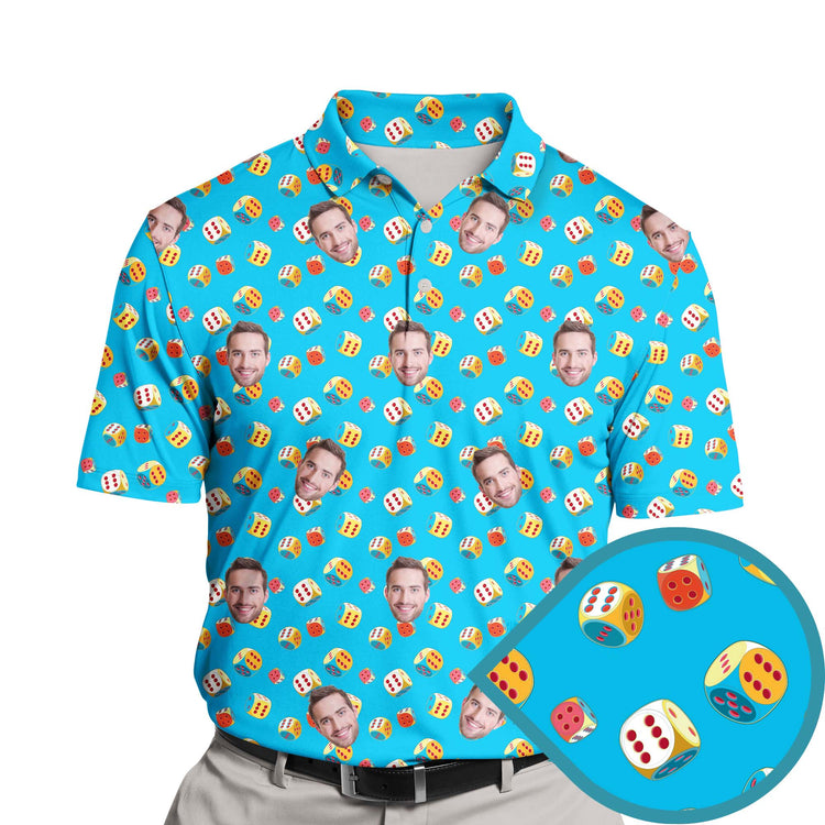 Team of golfers sporting funny golf shirts with faces on them, featuring lucky dice designs and vibrant colors.