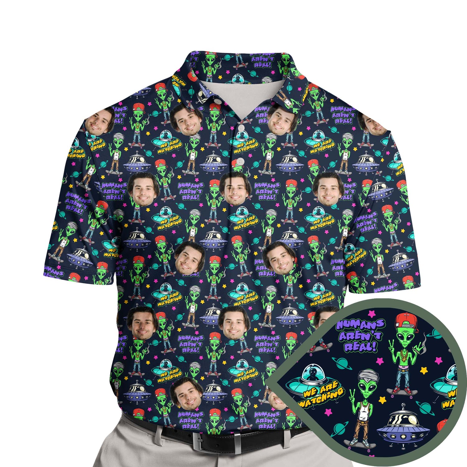 Funny golf shirts with faces on them featuring green aliens and UFOs.