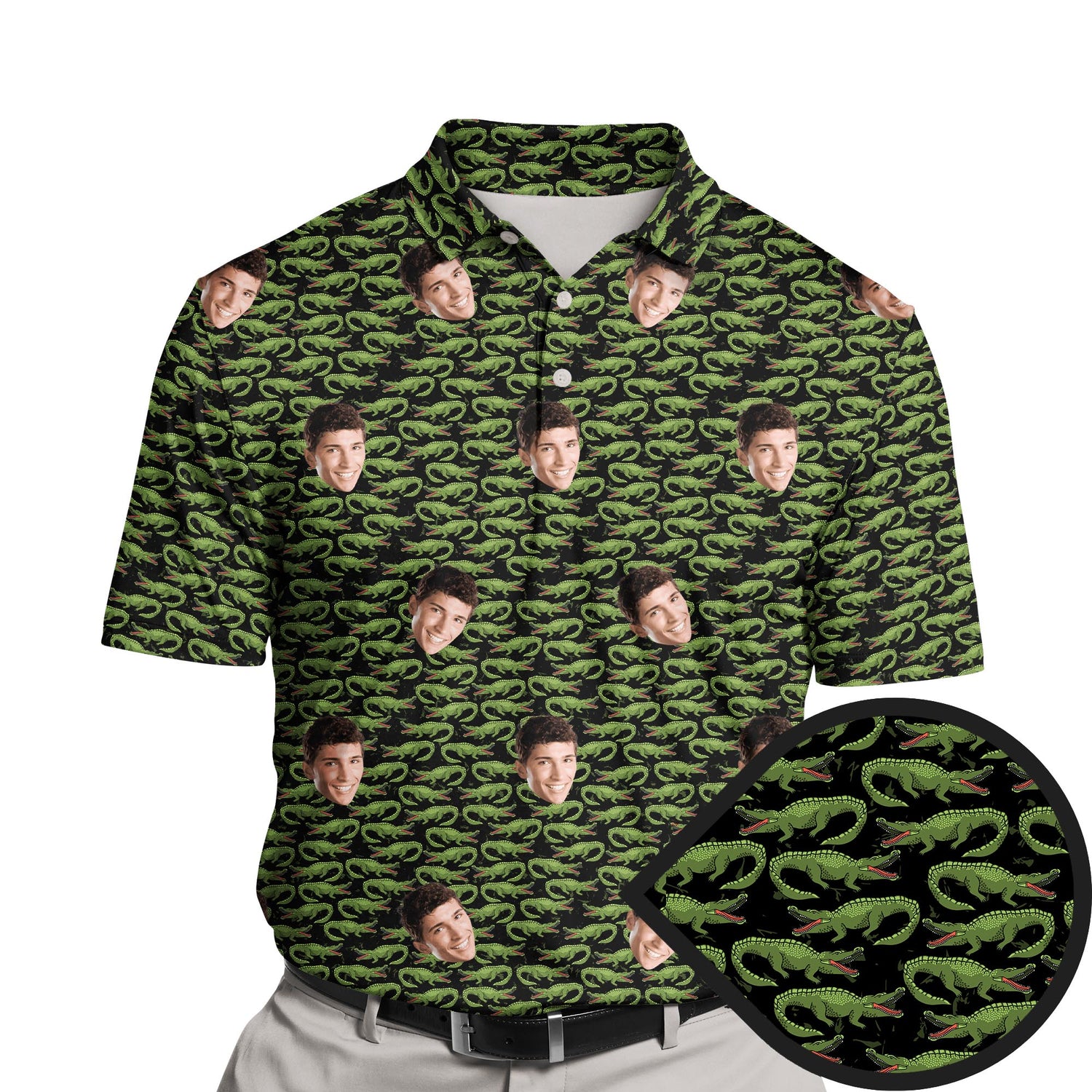 Funny golf shirts with faces on them featuring crocodile designs.