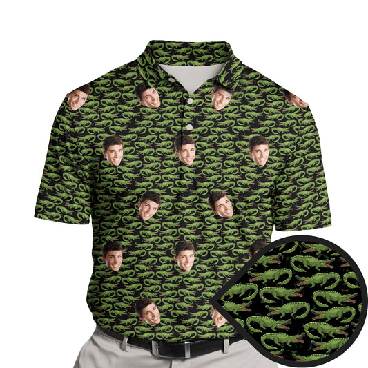 Funny golf shirts with faces on them featuring crocodile designs.