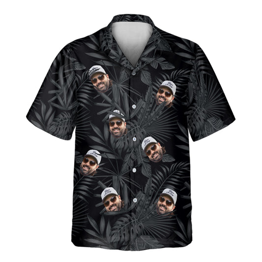 MonoTropics Custom Hawaiian Shirts with Faces or Logos, featuring black and white tropical palm leaves and floral patterns for a stylish summer look.