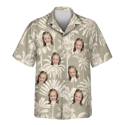 Custom Hawaiian shirts with faces on them, featuring stylish tropical tree designs in chic grey and ivory, perfect for adding subtle tropical vibes to any occasion.