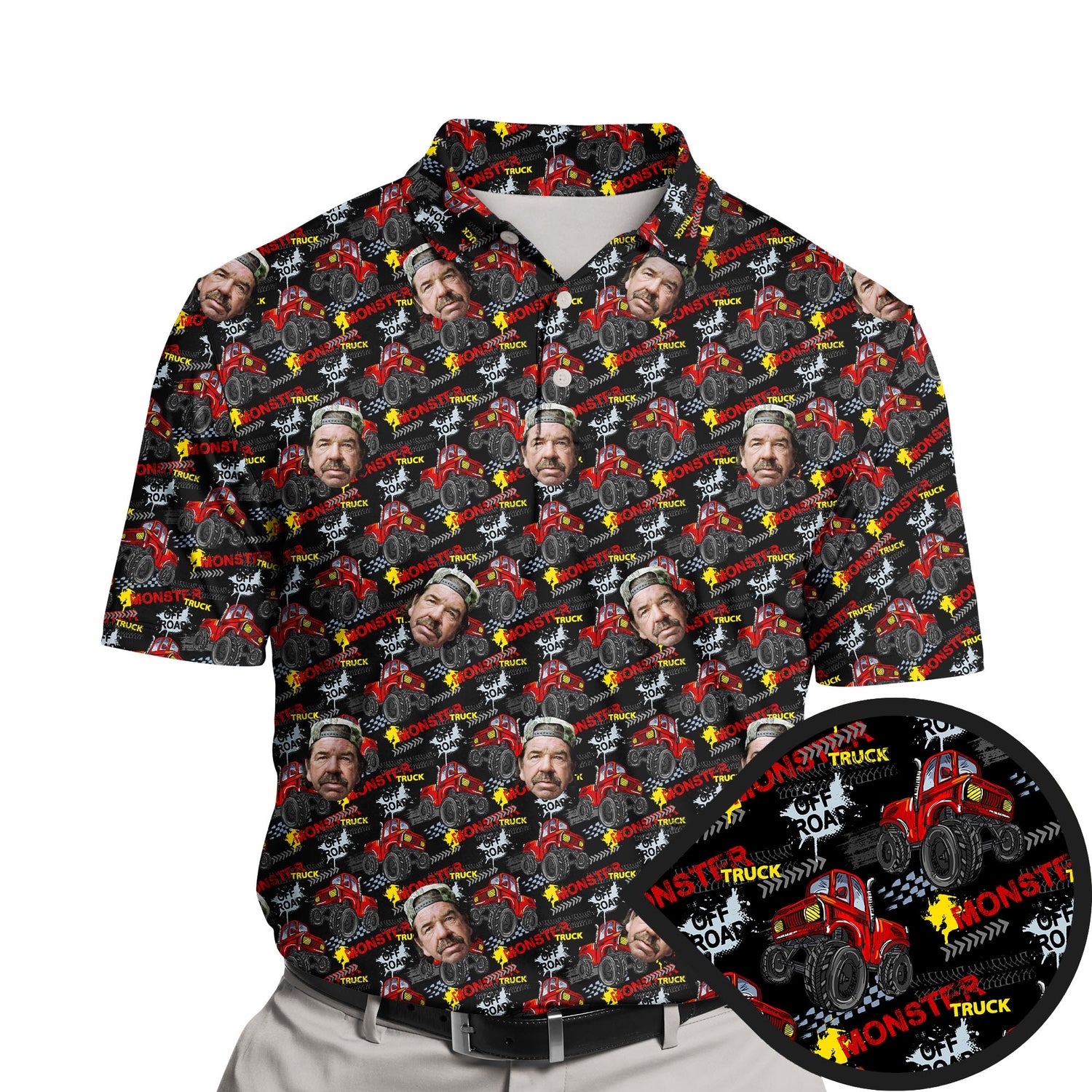 Funny golf shirt with faces on them featuring a monster truck theme.