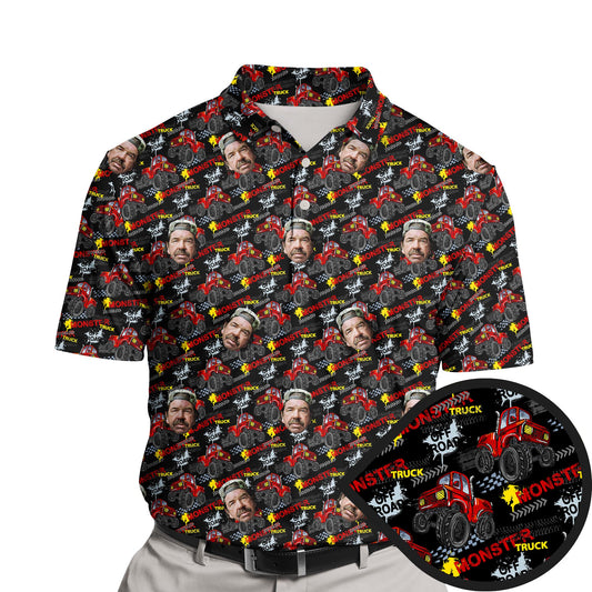 Funny golf shirt with faces on them featuring a monster truck theme.