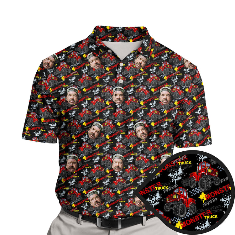 Funny golf shirt with faces on them featuring a monster truck theme.