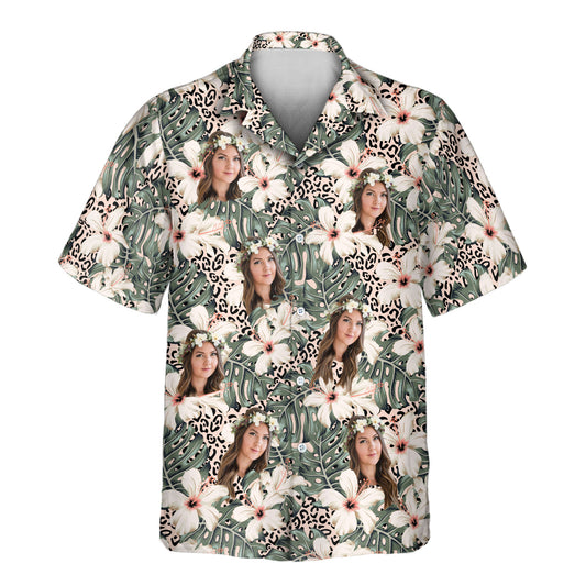 Custom Hawaiian shirts featuring monstera leaves and hibiscus flowers with a leopard print background. Stylish shirts with faces on them for summer.