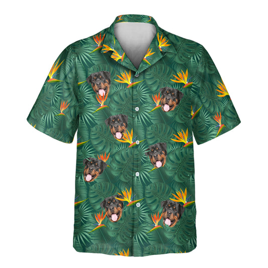 Custom Hawaiian shirts with bold monstera leaves, palm fronds, and bird of paradise flowers—vibrant shirts with faces on them for a tropical island vibe.