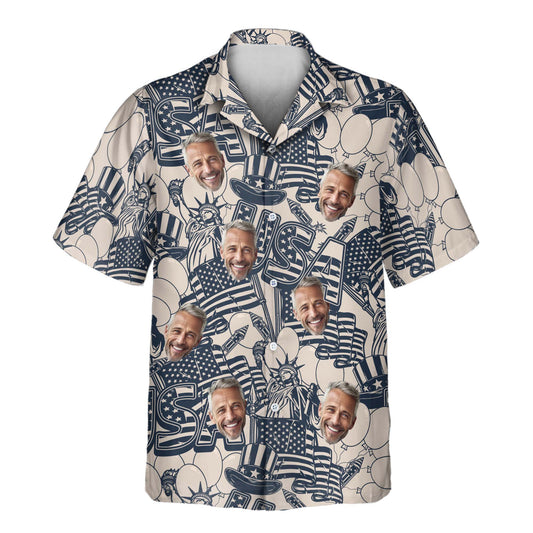 Custom Hawaiian shirts with faces on them, featuring retro USA designs in navy and ivory, perfect for celebrating Independence Day with vintage charm.