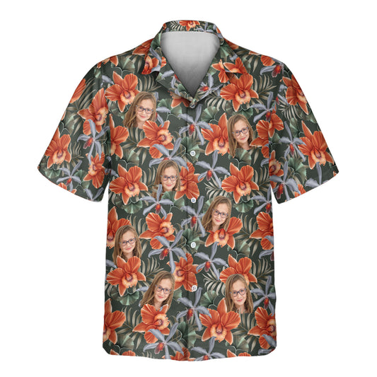 Orchid Isle custom Hawaiian shirts feature vibrant orchids, palm leaves, and deep green tones—stylish shirts with faces on them for a tropical vibe.