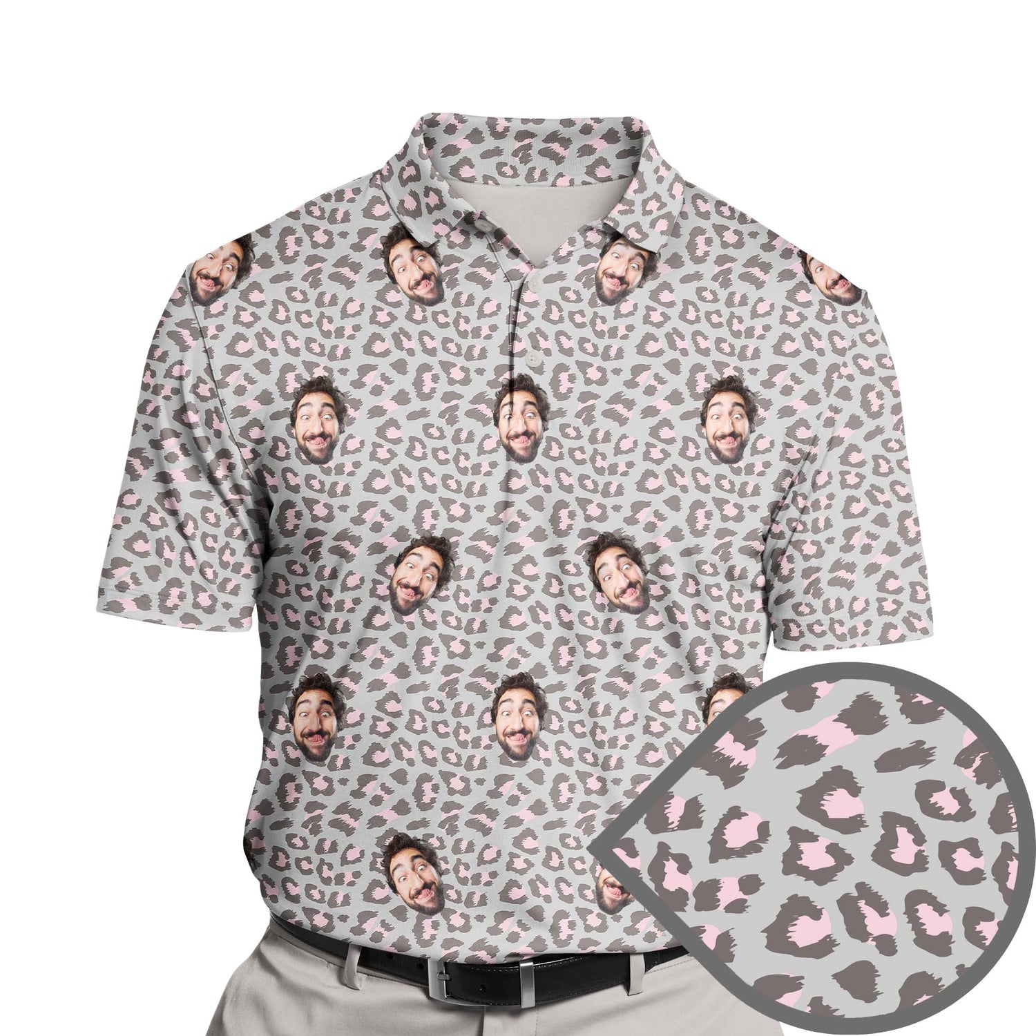 Funny golf shirts with faces on them in leopard print design.
