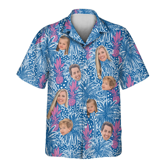 Custom Hawaiian shirts with faces on them, featuring palm trees, pineapples, and polka dots on an ocean blue background, perfect for adding a beachy vibe to any occasion.