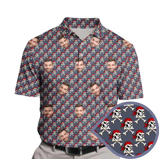 Funny golf shirts with faces on them for a team event.