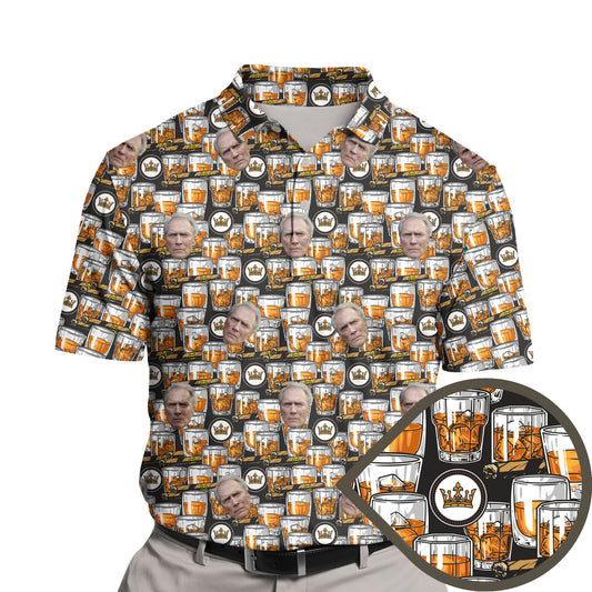 Funny golf shirts with faces on them, featuring whiskey drink designs.