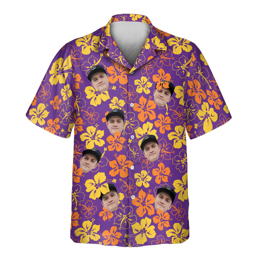 A Purple Floral Hibiscus Custom Hawaiian Shirt featuring vibrant purple hibiscus flowers and tropical floral accents. This comfortable, short-sleeve shirt is perfect for beach vacations, summer parties, or casual island wear, offering a bold and tropical design with a relaxed fit.