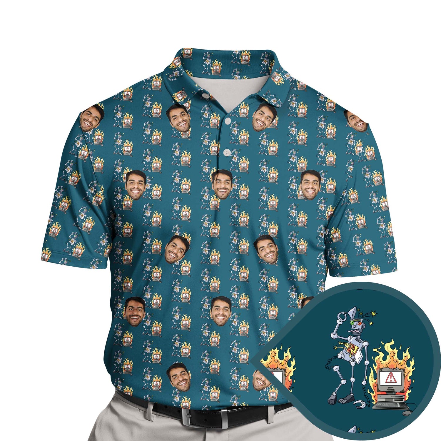 Quirky robot fails design on funny golf shirts with faces on them.