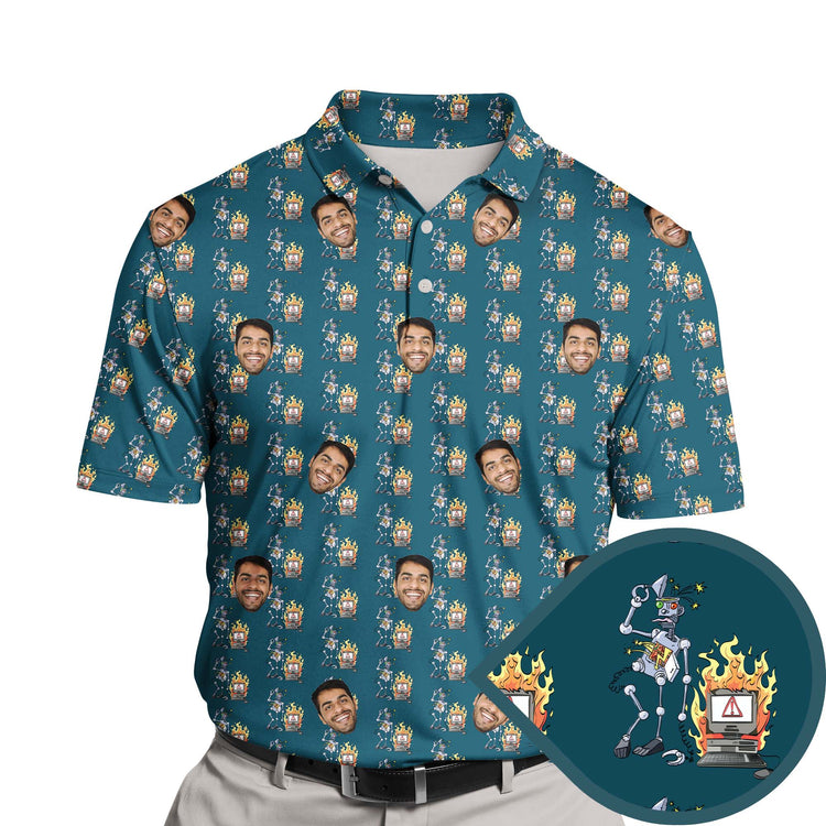 Quirky robot fails design on funny golf shirts with faces on them.