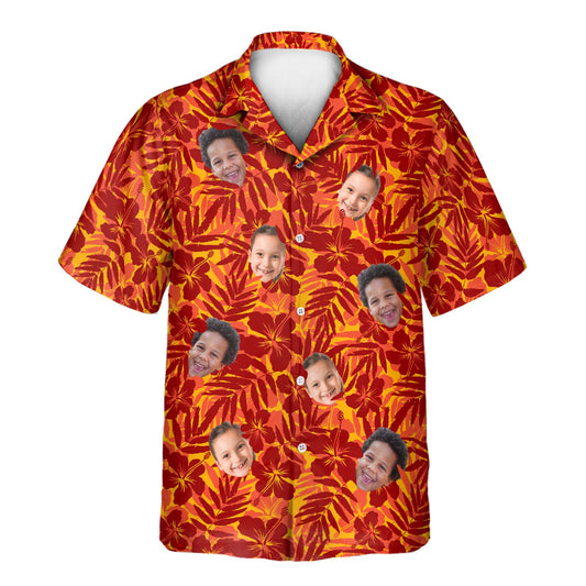 Red and Orange Tropical Silhouettes custom Hawaiian shirts with faces on them, featuring bold floral silhouettes, palm leaves, and exotic plant accents.