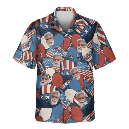 Custom Hawaiian shirts with faces on them, featuring retro American flag motifs, Abraham Lincoln hats, and red, white, and blue colors, perfect for patriotic events.