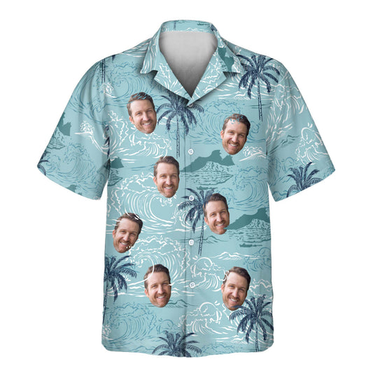 Custom Hawaiian shirts with faces on them, featuring retro ocean waves and palm trees, perfect for adding a nostalgic, beachy vibe to your wardrobe.