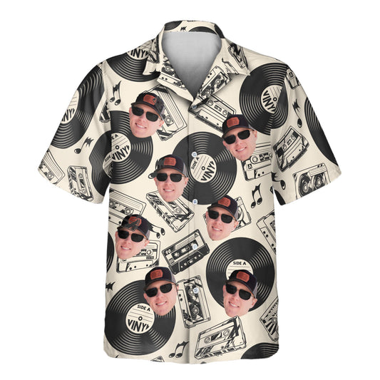 Custom Hawaiian shirts with faces on them, featuring vintage vinyl record designs, perfect for music lovers looking to blend retro vibes with tropical style.