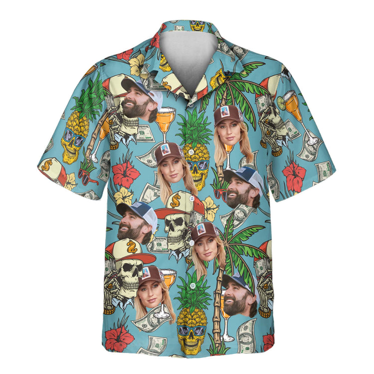 Custom Hawaiian shirts with faces on them, featuring vibrant skulls, palm trees, and hibiscus flowers, perfect for casino-themed events or tropical gatherings.
