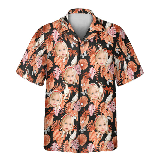 Rosy Paradise Custom Hawaiian Shirts with Faces or Logos, featuring pink cockatoos, palm leaves, and butterflies in a vintage tropical design.