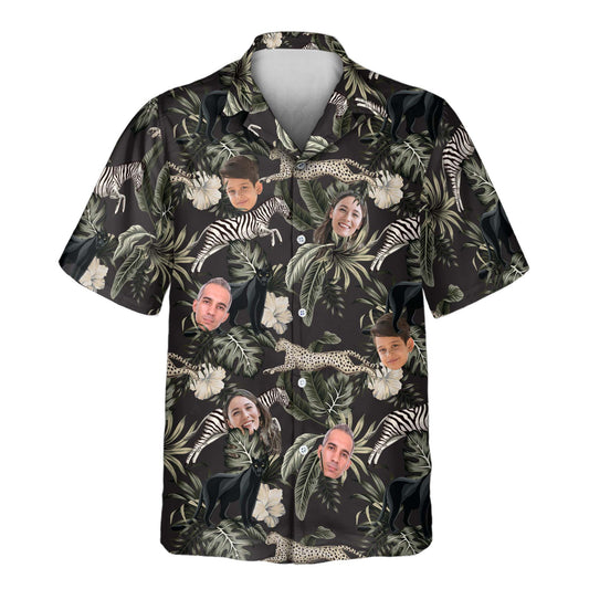 A vibrant Running Wildlife Animal Custom Hawaiian Shirt featuring exotic jungle animals like cheetahs, zebras, jaguars, and panthers in motion. The design includes lush tropical foliage, palm trees, and nature-inspired elements, creating a dynamic safari-themed look. Perfect for wildlife enthusiasts and adventure lovers.