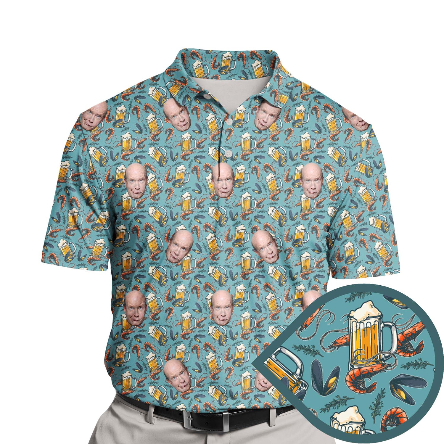 Group of golfers wearing funny golf shirts with faces on them, featuring seafood and drink designs.