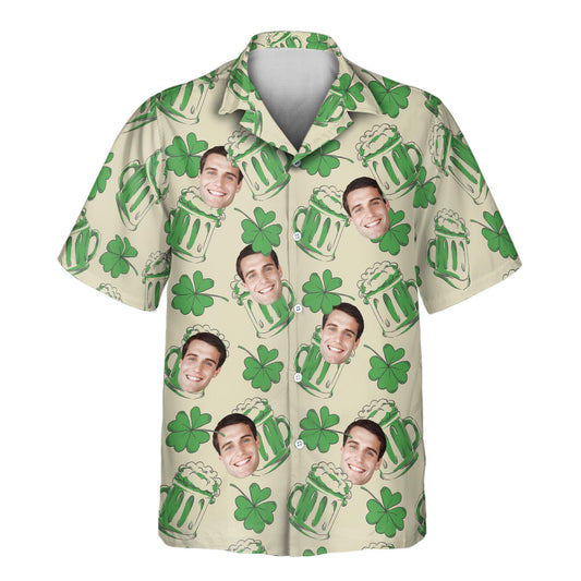 Custom Hawaiian shirts with faces on them, featuring shamrocks, clovers, and green designs, perfect for celebrating Saint Patrick's Day in festive style.