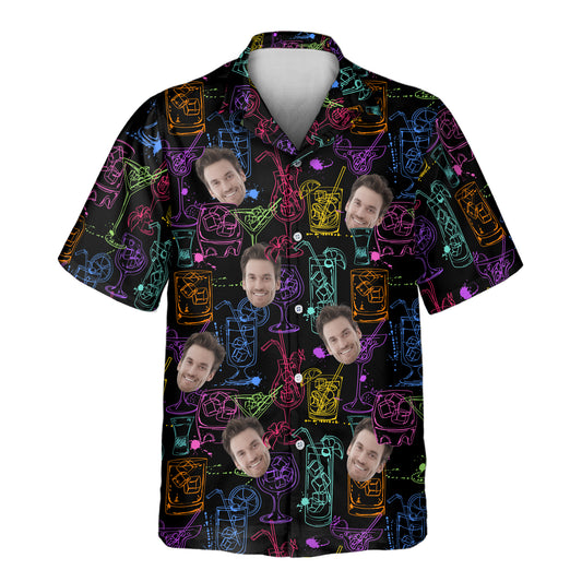 Sip & Sway Custom Hawaiian Shirts with Faces or Logos, featuring vibrant cocktail glasses and margaritas for a fun summer vibe.