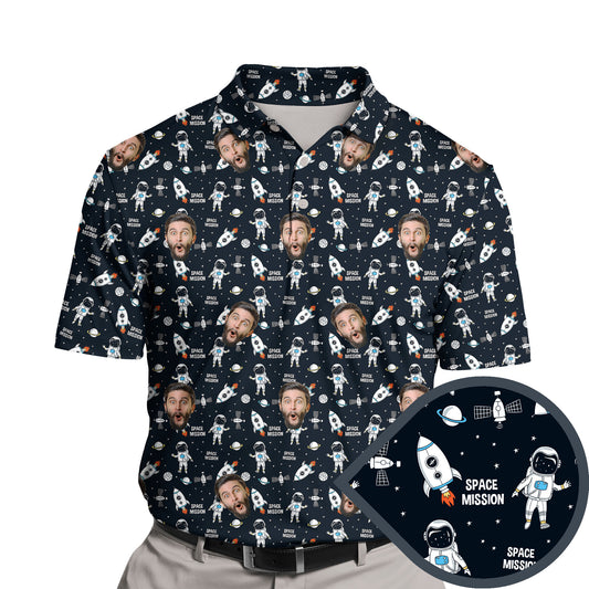 Funny golf shirts with faces on them featuring astronauts in space.