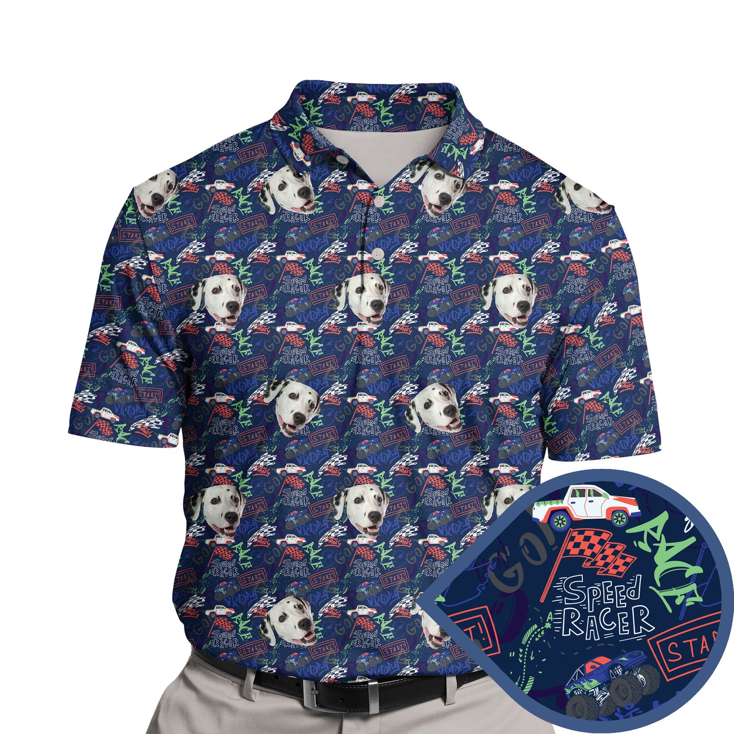 Funny golf shirts with faces on them featuring cartoon cars.