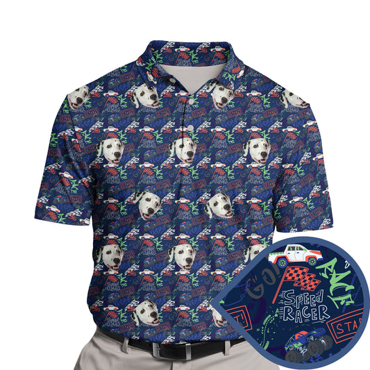 Funny golf shirts with faces on them featuring cartoon cars.