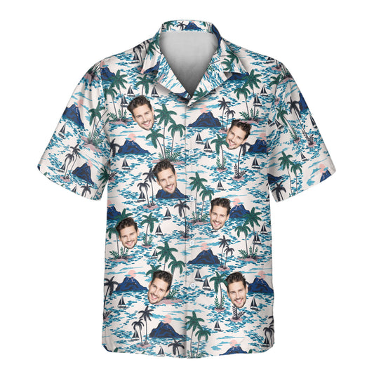 Sunset Sail Custom Hawaiian Shirts with Faces or Logos, featuring a vibrant sunset, palm trees, boats, and mountain views for a tropical vibe.