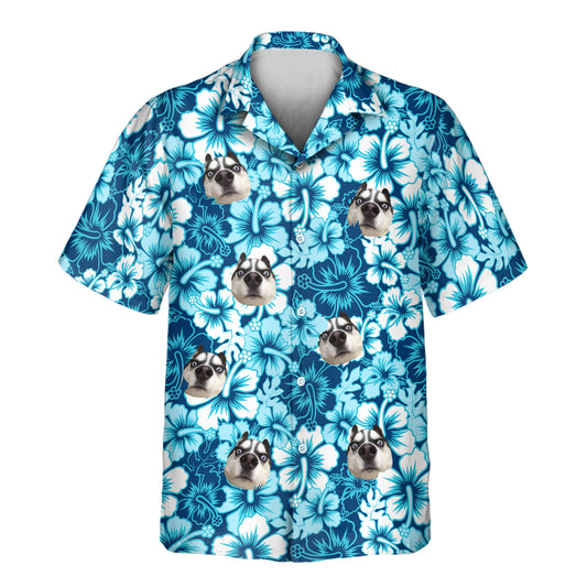Surf Floral Hibiscus custom Hawaiian shirts with faces on them, featuring blue hibiscus flowers and tropical patterns. Perfect for beachwear and summer fashion.
