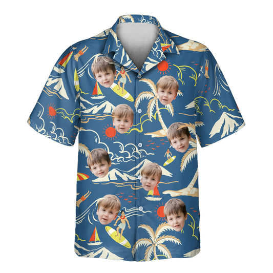 Custom Hawaiian shirts with faces on them, featuring vibrant blue ocean designs with palm trees, surfers, and sailboats. Perfect for beach vacations and summer fun.