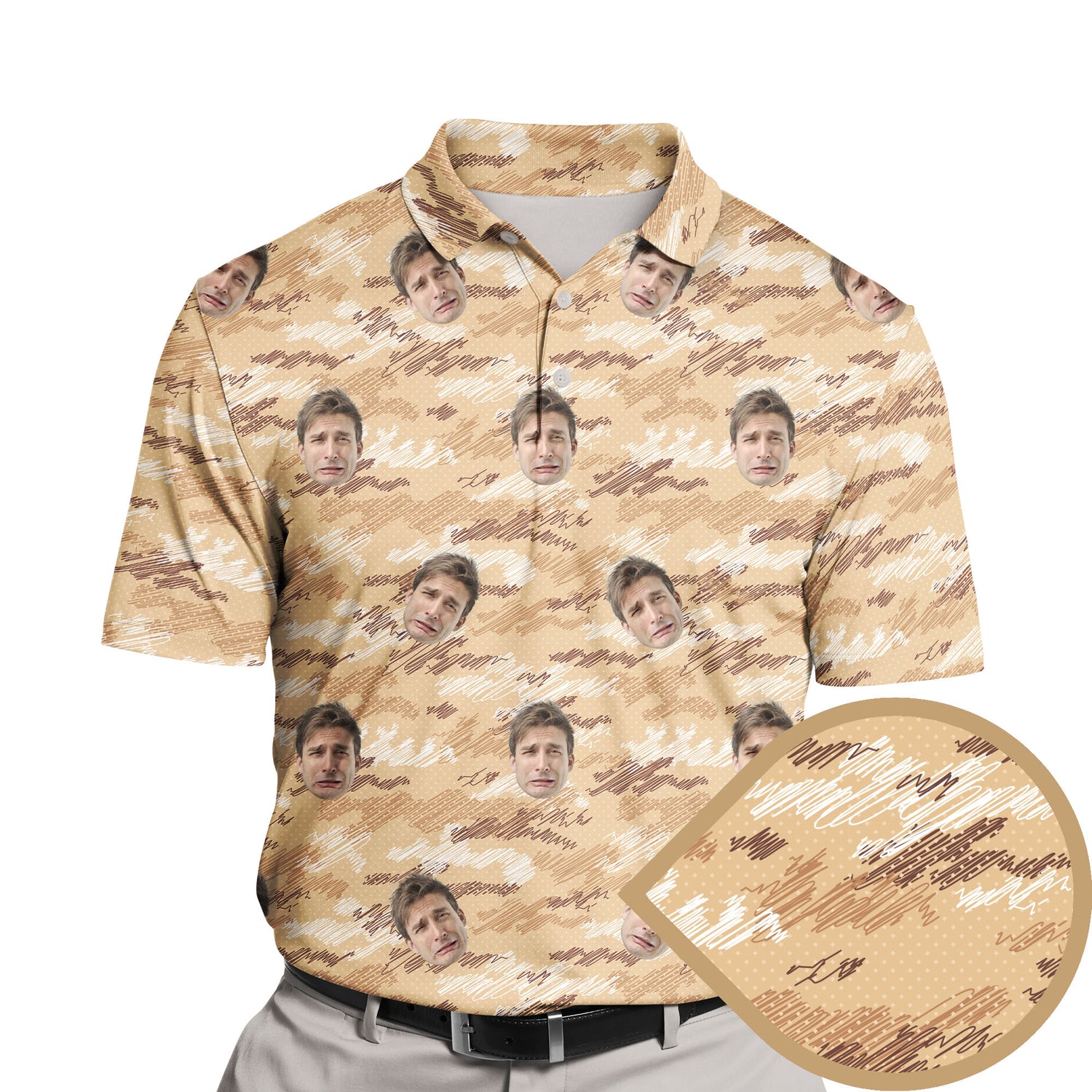 Funny golf shirts with faces on them featuring military designs.