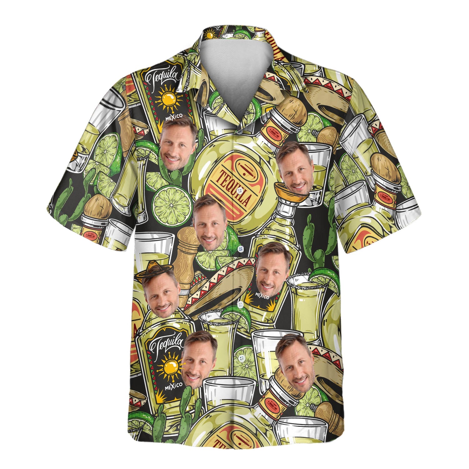 Custom Hawaiian shirts with faces on them, featuring tequila bottles, shot glasses, lime slices, and sombreros. Perfect for festive parties and tequila lovers.