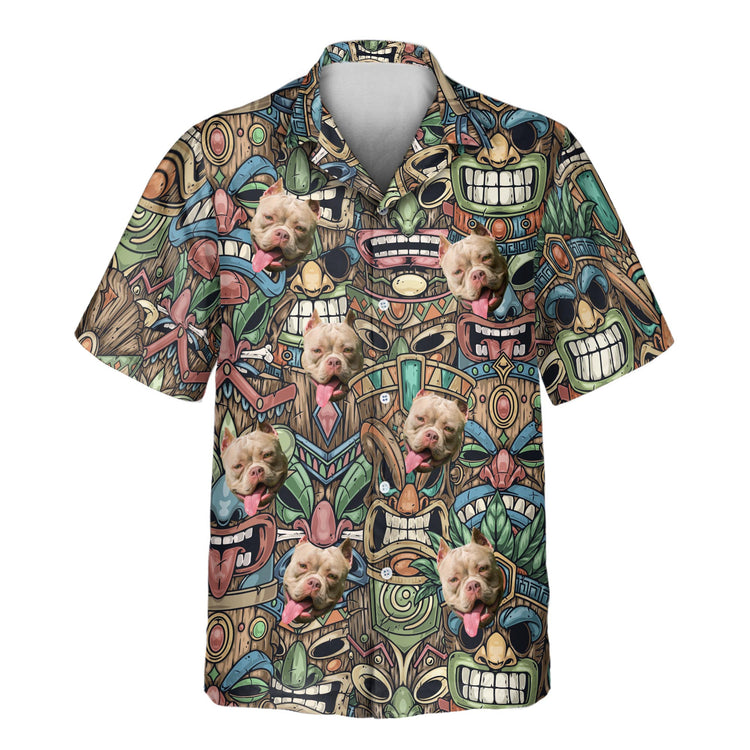 Custom Hawaiian shirts with faces on them, featuring vibrant Tiki mask designs in bold colors, perfect for adding a fun, festive vibe to any occasion.