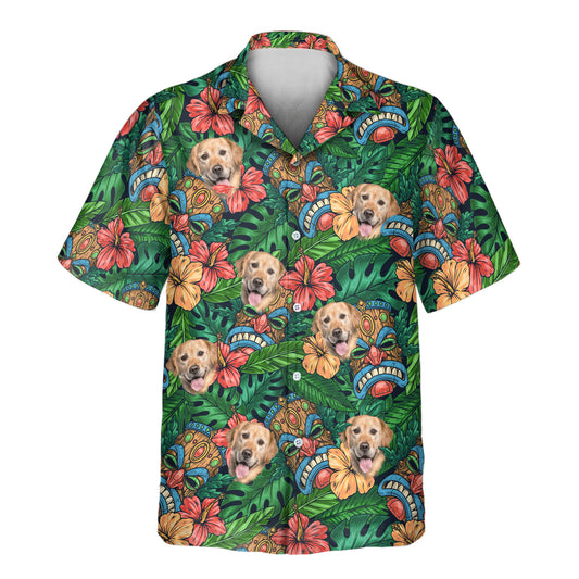 Tiki Paradise Warrior custom Hawaiian shirts showcase bold tiki masks, vibrant shirts with faces on them for a tropical, tribal-inspired look.
