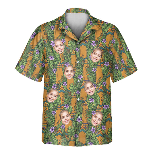 Vibrant custom Hawaiian shirts featuring bold tiki masks and tribal designs, perfect shirts with faces on them for a tropical island surf vibe.